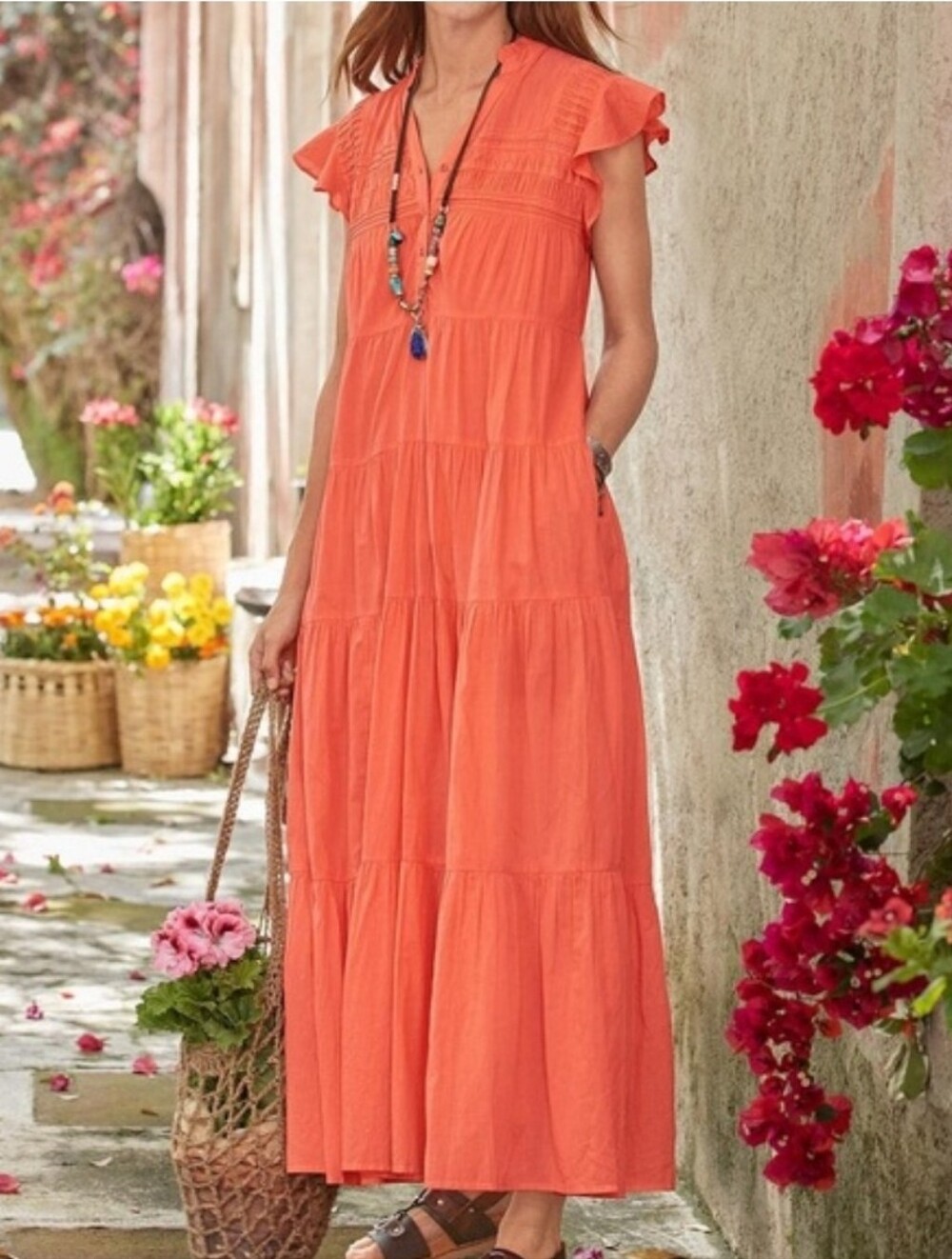 Sundance June Ruffle Dress Tiered Maxi Dress with Flutter Sleeves L Semi Shear